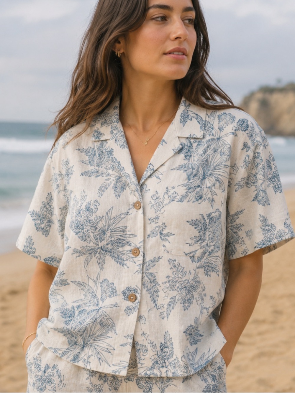 NWOT Carve Designs Luca Linen Shirt Birch Scenic Tropical Print Camp Shirt XS